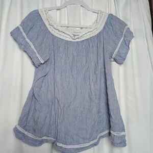 XL Como Vintage Blue Womens Flowy Boho Hippie Country Shirt Lace Trim Linen Blnd